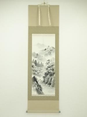 渕田渓堂筆　水墨山水　肉筆絹本掛軸（共箱）